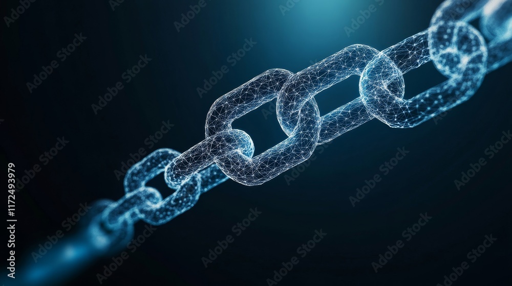 Futuristic Digital Chain Link Symbolizing Connectivity and Security in Technology, Representing Blockchain, Data Integrity, and Modern Network Systems in a Dark Background Futuristic Digital Chain Link Symbolizing Connectivity and Security in Technology, Representing Blockchain, Data Integrity, and Modern Network Systems in a Dark Background