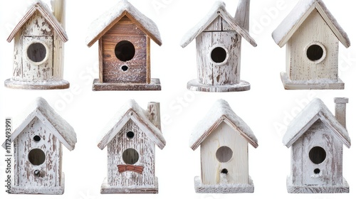 Collection set snow-covered birdhouses on white background.