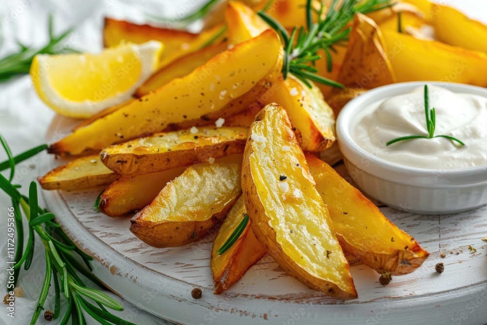 Homemade potato fries with mayo and rosemary on board.