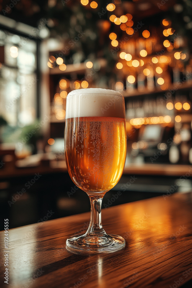 A tall glass of golden beer with a thick white foam head, sitting on a wooden bar counter illuminated by soft golden light A tall glass of golden beer with a thick white foam head, sitting on a wooden bar counter illuminated by soft golden light