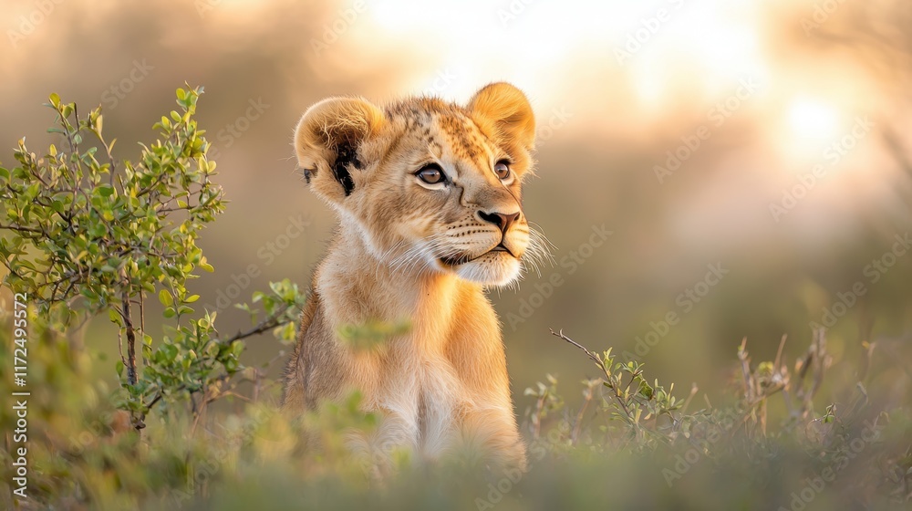 A young adult lion with a developing mane, his head tilted slightly, displaying a curious and alert expression as he surveys his surroundings. A young adult lion with a developing mane, his head tilted slightly, displaying a curious and alert expression as he surveys his surroundings.
