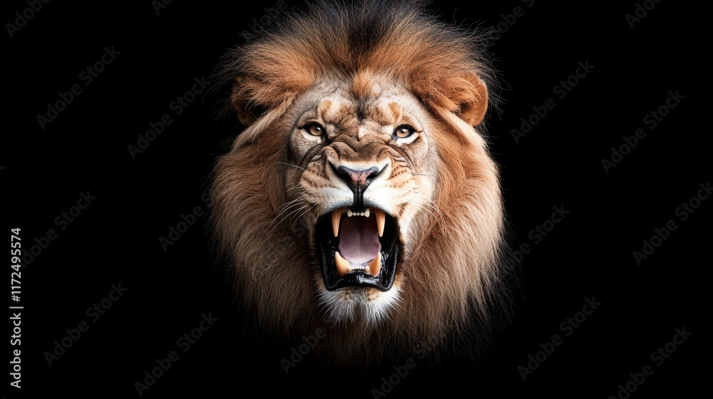Fototapeta premium A portrait of a mature male lion with a dark, full mane framing his face, his mouth slightly open in a soft growl, revealing his sharp teeth.