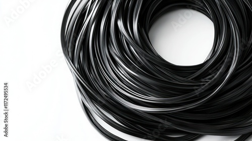 Large coil of black plastic tubing no white background