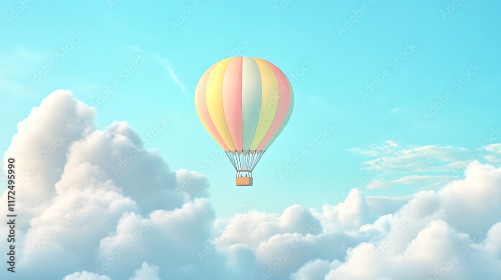 Fototapeta premium Pastel Hot Air Balloon Soaring Above Fluffy Clouds