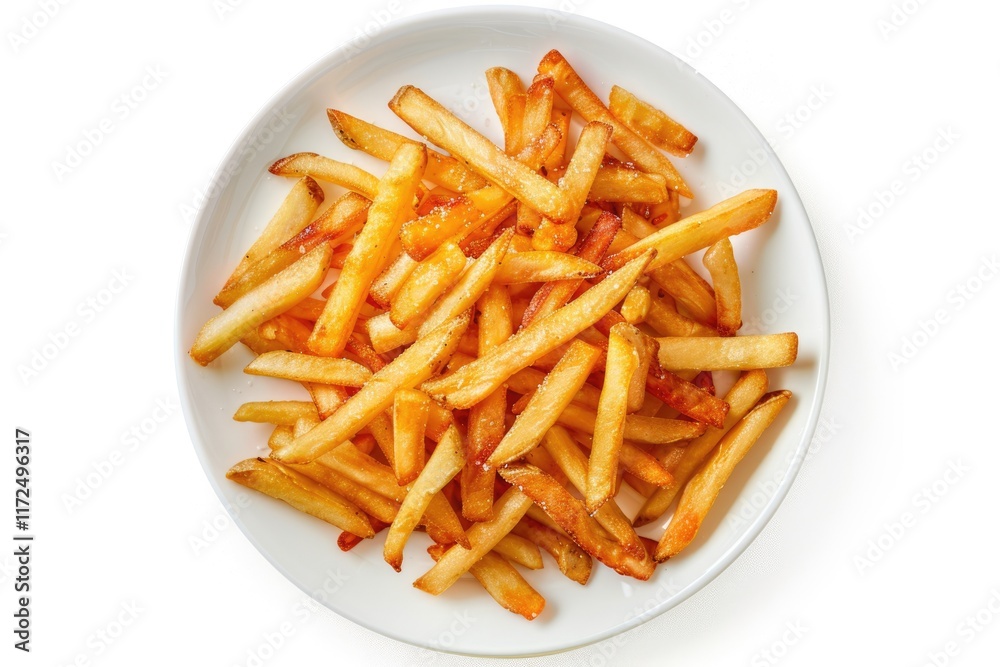 Top view Potato fries on white plate isolated on white background. Top view Potato fries on white plate isolated on white background.