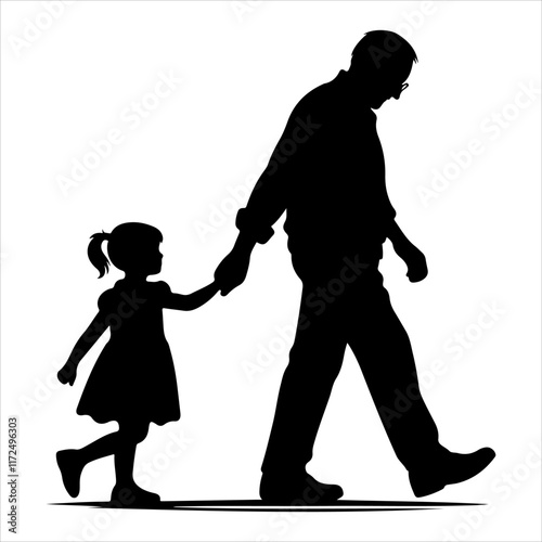 Grandparents walking silhouette vector. Child enjoying with grandfather and grandmother vector art illustration on a white background