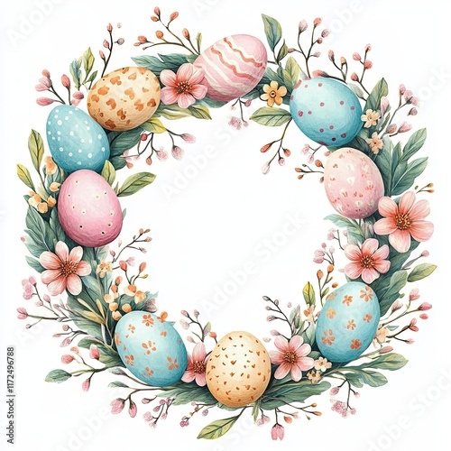 Floral Easter Wreath with Painted Eggs Watercolor Illustration, A charming watercolor Easter wreath adorned with spring flowers, delicate berries, and colorful painted eggs, perfect for festive  
