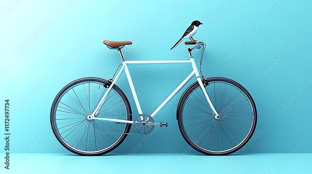 Fototapeta premium A sleek bicycle with a swallow perched on the handlebars on a periwinkle blue background
