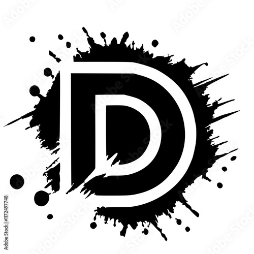 D letter silhouette with abstract splashes