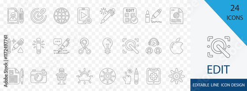 Edit tool editable line icon set. containing calendar, editor, duplicate, graphic, revision and more stroke design