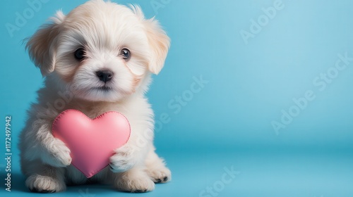 cute puppy holding a pink heart in studio photography with playful atmosphere