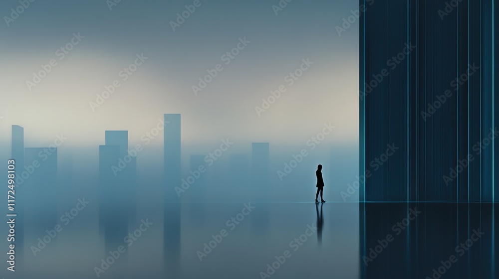 Obraz premium Futuristic Cityscape with Silhouette Against Abstract Backdrop