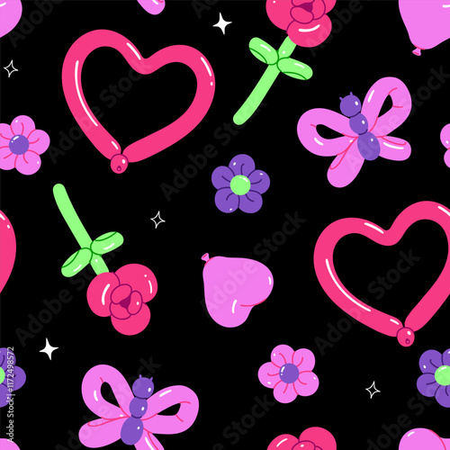 Seamless pattern with figures from balloons on a black background. Vector graphics.