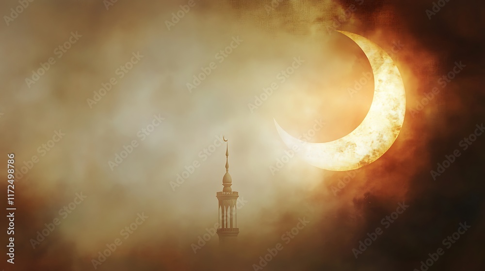 Fototapeta premium Crescent Moon Over Mosque Minaret in Hazy Sky