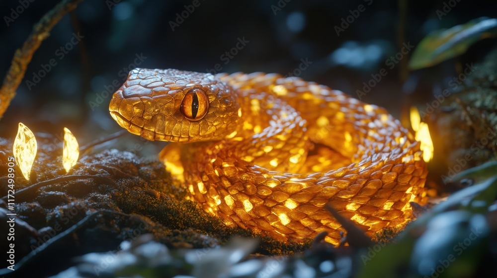Glowing Golden Snake in the Rainforest
