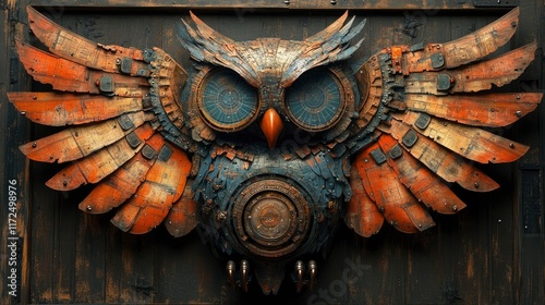 Giant mechanical owl with wings made of rotating star charts photo