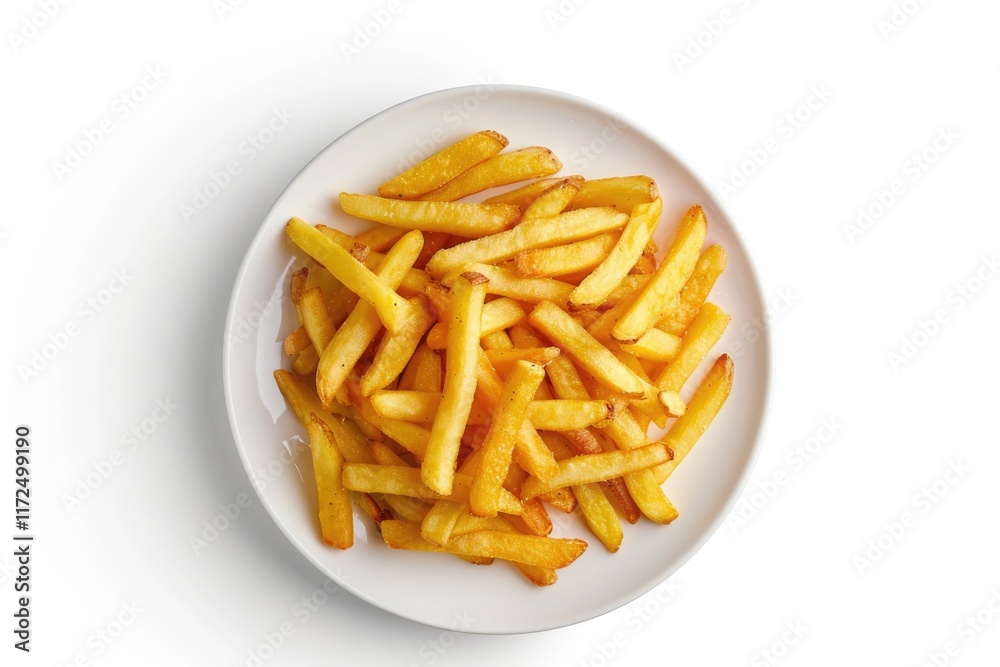 Top view Potato fries on white plate isolated on white background. Top view Potato fries on white plate isolated on white background.