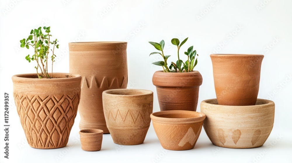 Set of clay planters on white background, Set of clay planters on white background,