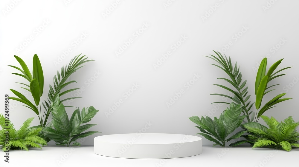 Minimalistic Display Podium Surrounded by Lush Green Tropical Plants in a Bright, Modern Environment, Perfect for Showcasing Products or Creative Presentations Minimalistic Display Podium Surrounded by Lush Green Tropical Plants in a Bright, Modern Environment, Perfect for Showcasing Products or Creative Presentations
