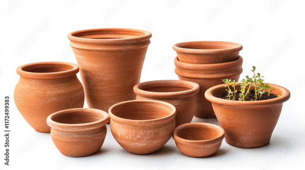 Set of clay planters on white background, Set of clay planters on white background,