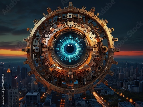Artificial Intelligence and Ethics.  AI's Watchful Eye highlights ethical dilemmas around AI surveillance, The eye is a mix of mechanical gears and digital circuits