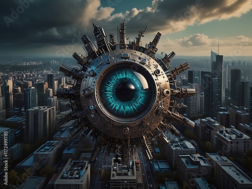 Artificial Intelligence and Ethics.  AI's Watchful Eye highlights ethical dilemmas around AI surveillance, The eye is a mix of mechanical gears and digital circuits