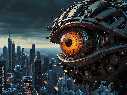 Artificial Intelligence and Ethics.  AI's Watchful Eye highlights ethical dilemmas around AI surveillance, The eye is a mix of mechanical gears and digital circuits