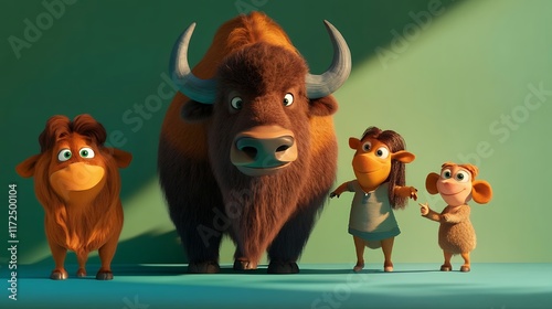 Friendly Bison and Adorable Young Animals: A Charming 3D Illustration photo