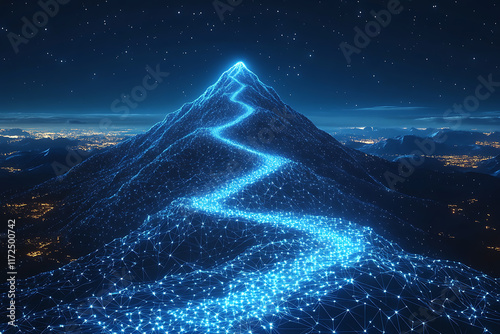 mountain with a winding path leading to the top, symbolizing the journey toward achieving a goal. The scene emphasizes determination and progress