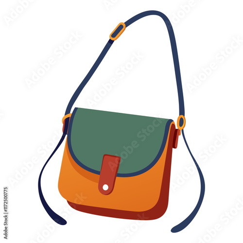 Colorful Crossbody Bag with Green Flap and Orange Base, Illustration of a vibrant crossbody bag featuring a green flap, orange base, navy strap, and button clasp in a modern design.  
