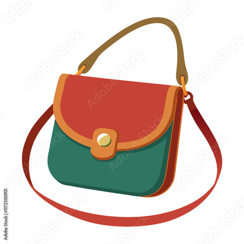 Colorful Crossbody Bag with Red and Green Design, Illustration of a stylish crossbody bag featuring a red flap, green body, golden clasp, and dual straps in contrasting colors.  
