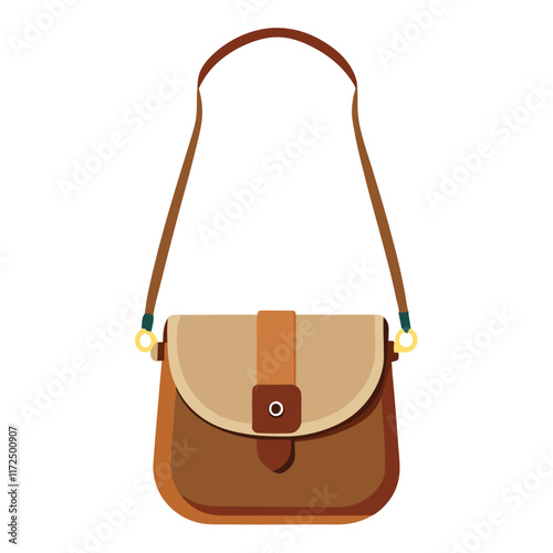 Brown and Beige Crossbody Bag with Strap, Illustration of a stylish crossbody bag in brown and beige tones, featuring a front flap, buckle detail, and adjustable strap.  
