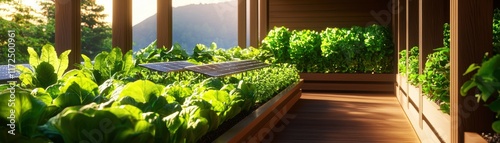 Urban rooftops transformed into lush gardens with solar arrays and beehives, emphasizing sustainable city living