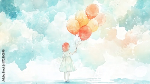 whimsical watercolor art of a child with balloons in pastel shades, soft ambiance