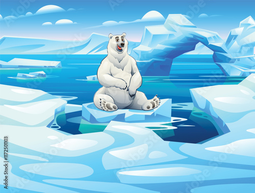 Happy polar bear sitting amidst Arctic ice formations under a sunny sky. Vector cartoon illustration