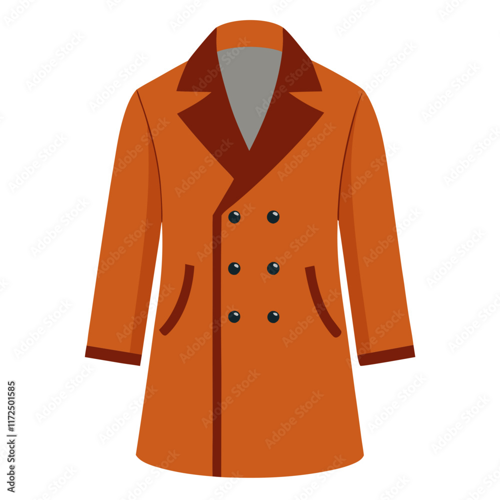 Orange Double-Breasted Coat with Brown Lapel, Flat illustration of an orange double-breasted coat featuring a dark brown lapel collar, black buttons, front pockets, and modern design.  
