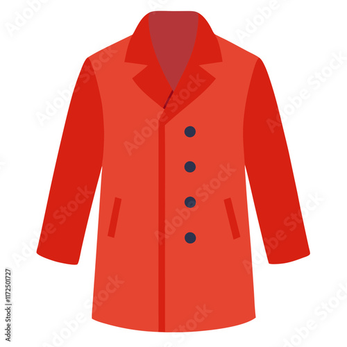 Bright Red Double-Breasted Coat Illustration, Flat illustration of a bright red double-breasted coat featuring dark buttons, lapel collar, and pockets in a sleek modern design. 
