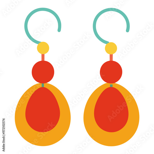 Minimalist Red and Yellow Teardrop Earrings, Flat illustration of teardrop-shaped dangle earrings in red and yellow, featuring a clean, modern, and minimalist design. 
