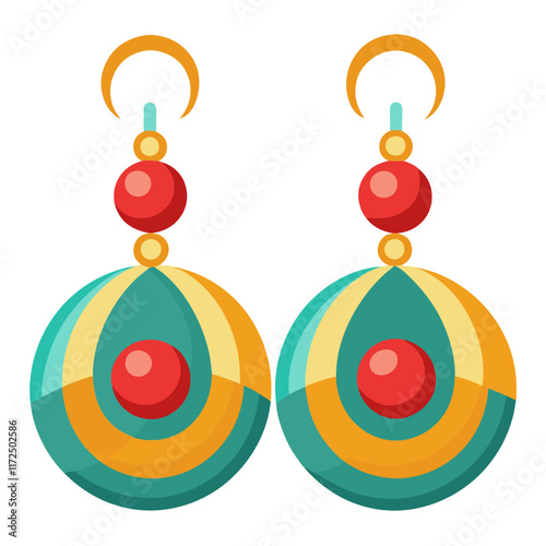 Vibrant Circular Dangle Earrings Design, Illustration of circular dangle earrings in teal, yellow, and red with layered patterns, bold colors, and a modern style. 

