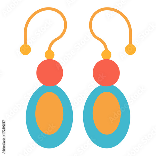 Colorful Oval Dangle Earrings Illustration, Flat illustration of oval-shaped dangle earrings in teal, orange, and red, featuring a minimalist and modern aesthetic. 
