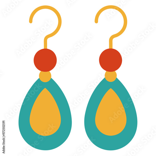 Minimalist Teardrop Dangle Earrings Design, Flat illustration of teardrop-shaped dangle earrings in teal, gold, and red with a simple, modern, and minimalist style. 
