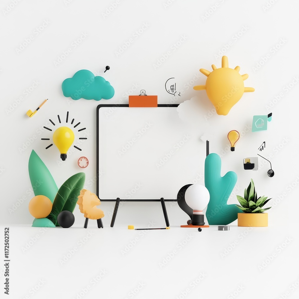 Fototapeta premium Creative and Vibrant Workspace Composition Featuring Blank Board, Colorful Elements, Plants, and Design Icons for Modern Business and Branding Needs