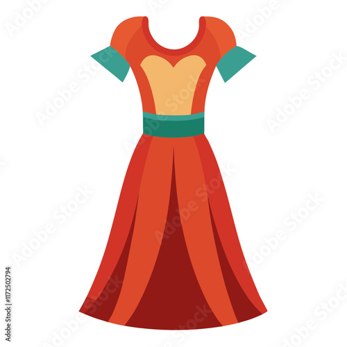 Red and Green Elegant Gown Illustration, Illustration of an elegant red gown with green accents and puffed sleeves, perfect for fashion, formal wear, and design themes.  
