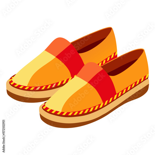 Yellow and Red Slip-On Shoes with Striped Trim, A vibrant pair of slip-on shoes featuring yellow and red color blocks, striped trim, and brown soles, ideal for casual or summer styles.  
