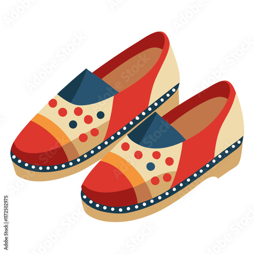 Polka Dot Slip-On Shoes with Red and Beige Design, A stylish pair of slip-on shoes featuring a red, beige, and navy color scheme with polka dots and decorative dotted soles.  
