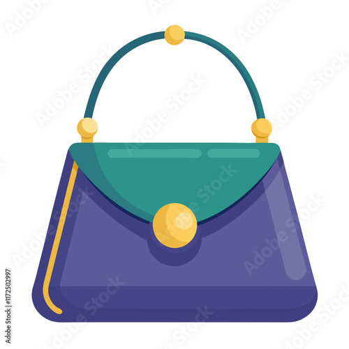 Purple Handbag with Green Flap and Gold Accents, A chic purple handbag featuring a green flap, gold accents, and a decorative clasp, perfect for formal events or stylish fashion designs.  
