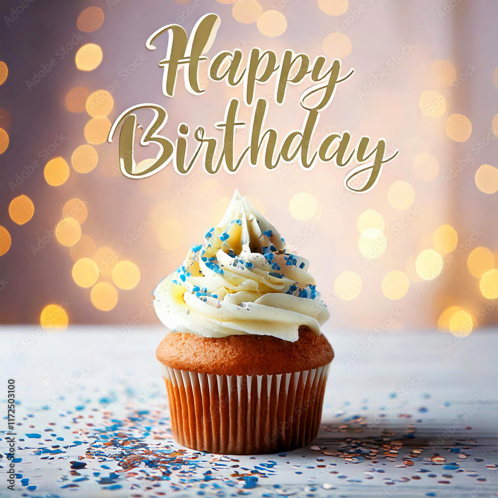 Birthday cupcake on table on light background happy birthday written on background Birthday cupcake on table on light background happy birthday written on background