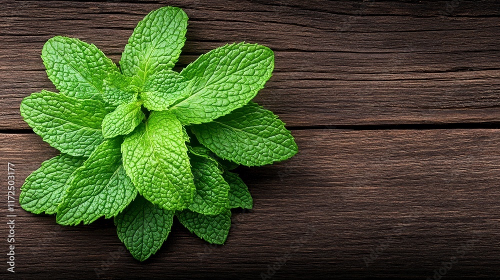 Fresh green mint leaves arranged beautifully on a rustic wooden table, showcasing their vibrant and textured surface for culinary inspiration Fresh green mint leaves arranged beautifully on a rustic wooden table, showcasing their vibrant and textured surface for culinary inspiration