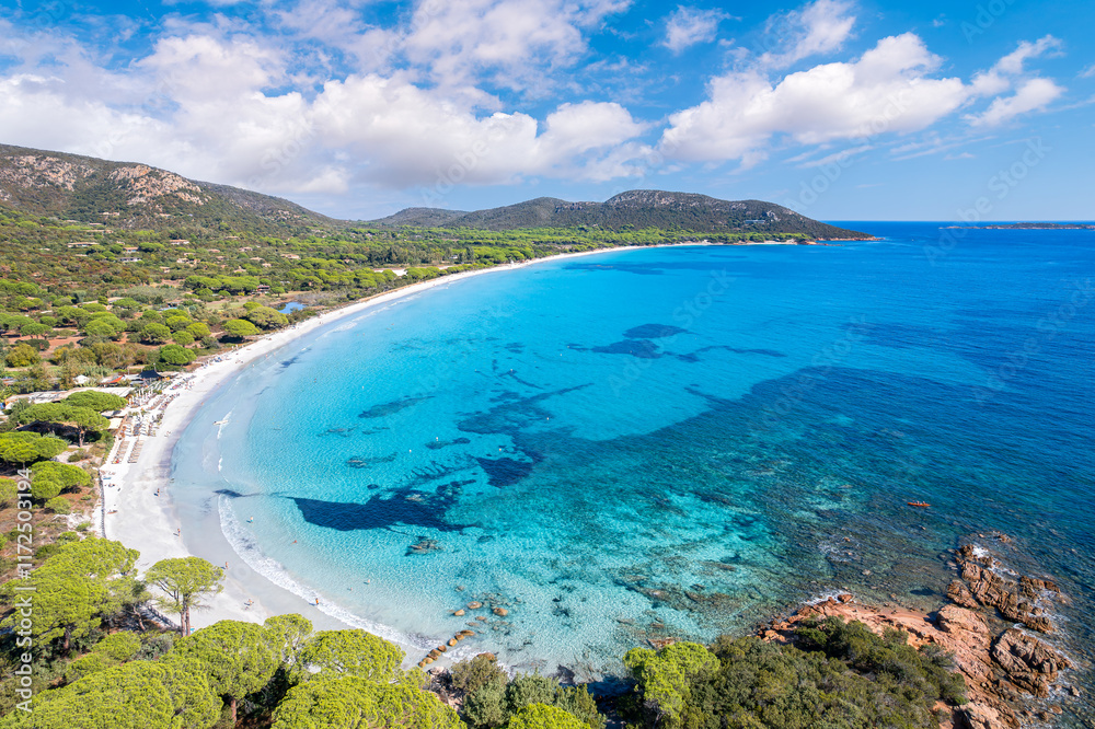 Aerial view with Palombaggia beach in Corsica island, France
