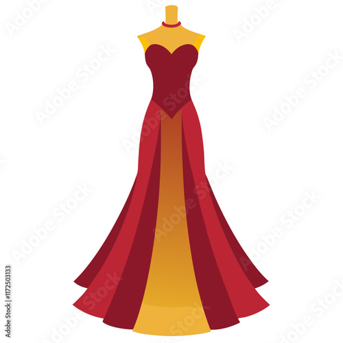 Red and Gold Strapless Gown with Layered Skirt, A glamorous red and gold strapless gown featuring a fitted bodice and flowing layered skirt, perfect for formal events or fashion themes.  
